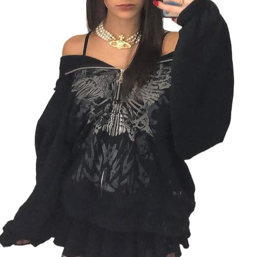 Aopwsrlyi Women's Y2K Zip Up Hoodies Gothic Vintage Graphic Print Sweatshirt Oversized Long Sleeve Casual Jackets Streetwear (Skeleton Black, M)