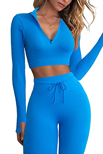 QINSEN Active Wear Outfits For Women Long Sleeve Crop Tops for Women 2 Piece High Waisted Ruched Back Yoga Outfits Active Leggings L