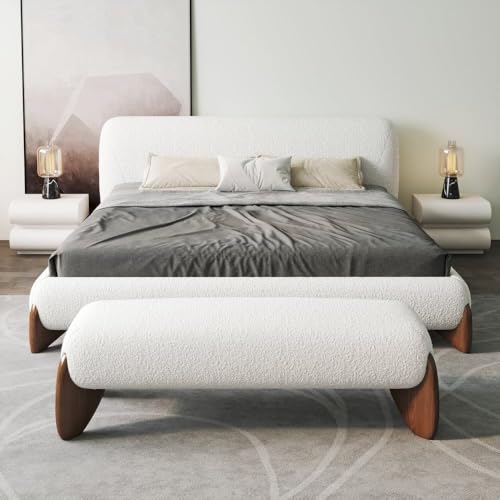homary Curva Modern White Boucle King Size Platform Bed Set & Bedroom Bench with Solid Rubber Wood Legs, Upholstered Headboard, Comfortable & Stylish for Master Suite or Guest Room