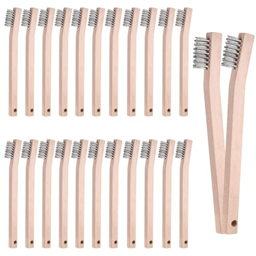 24 Pack Stainless Steel Wire Brush Set Wood Handle Metal Detailing Wire Brush 7.8 Inch Small Scratch Brushes for Rust Remove Cleaning Paint Dirt Scrubbing