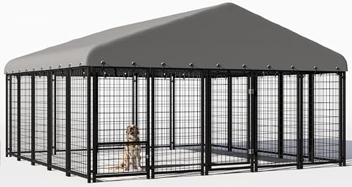 120"x118"x72" Dog Kennel Outside, Large Outdoor Dog Kennel with Feeding Door and Double Lock, Heavy-Duty Weatherproof Dog Cage and Dog Fence with Roof, Dog House Outdoor for Large Dogs, Easy Assembly