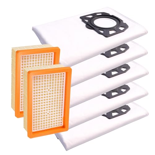 LRFDRESS 2 Flat HEPA Filters AND 5 Vacuum Cleaner Dust Bags Compatible with Kärcher WD4 WD5 WD6 WD5P WD6P Premium MV4 MV5 MV6 Vacuum Cleaner Code 2.863-005.0 2.863-006.0.
