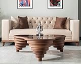 by Papella Design, Natural Walnut Veener Coffee Tables for Living Room, Rustic Table, Mesa De Centro para Sala, Center Table, Glass Table top, Walnut Color (Life, Life)