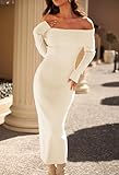 MEROKEETY Women's Winter Off Shoulder Bodycon Sweater Dress Formal Long Sleeve Elegant Cocktail Party Midi Maxi Dresses, Beige, Large