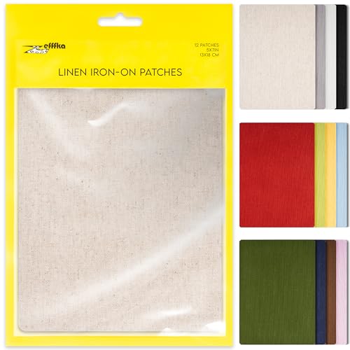 ZEFFFKA 12-Pack Linen Iron-on Patches Fabric Repair Kit for Clothing Shirts Pants Dresses Natural Look Strong Adhesive 12 Colors 30% Linen 70% Cotton 5” x 7”
