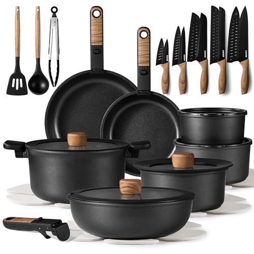 CAROTE 34pcs Pots and Pans Set, Nonstick Cookware Set Detachable Handle, Induction Kitchen Cookware Sets Non Stick with Removable Handle, RV Cookware Set, Oven Safe, Jet Black