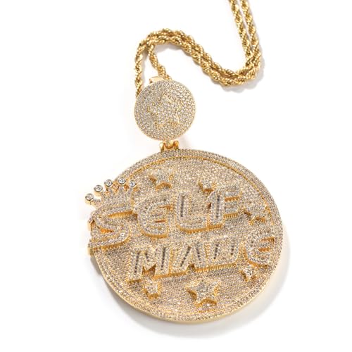 Iced Out Bling Rectangle CZ Letter Self Made Pendant Necklace for Men Women Two Tone Color Charm Hip Hop Jewelry Gift
