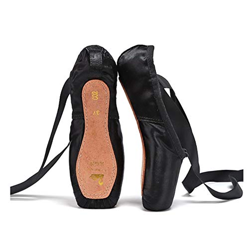 Nexete Professional Black Ballet Dance Pointe Shoes, Dance Slippers, Dance Flats with Toe Pads & Ribbons, for Girls Women Black Pink Red (8 Women, Black)