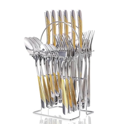 Gold Silverware Set, Caliamary 24 Pieces Flatware Set with Silverware Holder, Stainless Steel Knives and Forks and Spoons Cutlery Set Service for 6, Kitchen Utensil Tableware Set with Antiskid Handle