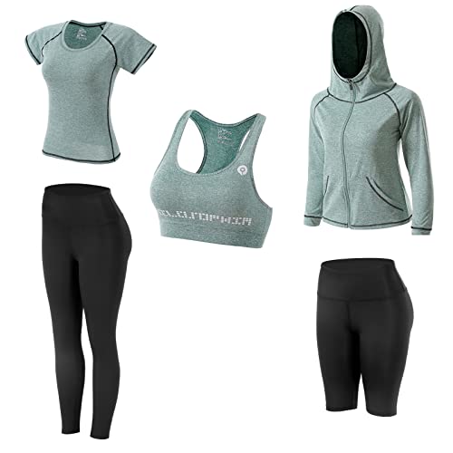 JULY'S SONG Women Workout Set Exercise Outfits for Yoga Gym Upgraded 5 Pieces Athletic Clothes Sweatsuit Tracksuit