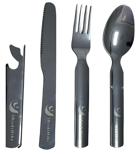 3BirdsHike Camping Outdoor Flatware Set with Military-Grade Spoon, Fork, Knife,Bottle can opener & Multi-Tool - Stainless Steel Utensil Kit for Camping, Hiking, and Travel