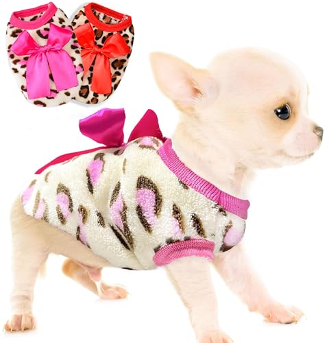2 Pieces Dog Sweater for Small Dogs XXS Dog Clothes Chihuahua Puppy Sweaters Leopard Teacup Chihuahua Yorkie Puppy Clothes XXS Pet Sweater (Pink+RED, XX-Small)
