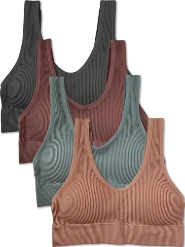 Kalon Women's 4 Pack Ribbed Bralette Crop Top Comfort Sports Bra (Medium, Fall Festival)