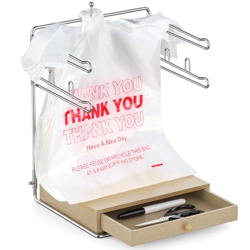 GIGIFTREE Plastic Grocery Bag Holder, Chrome T-Shirt Bag Rack, Plastic Bag Organizer with Wooden Drawers Base for Grocery Store, Supermarket, Restaurant, Business (Brown)