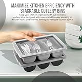 2 Pack - Cutlery Bin with Lid, Commercial 3-Compartment Flatware Tray with Cover, Silverware Divided Storage Plastic Container, Restaurant Condiments Holder, Covered Utensil Organizer Box, Black