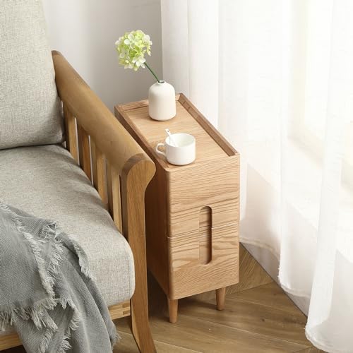 Fetuero Solid Wood Bedside Table Nightstands, Slim Narrow Oak Real Wooden Mid-Century Modern End Table with Drawers Luxury Side Table Durable Cabinet Organizer Furniture, Natural Color 7.87in Wide