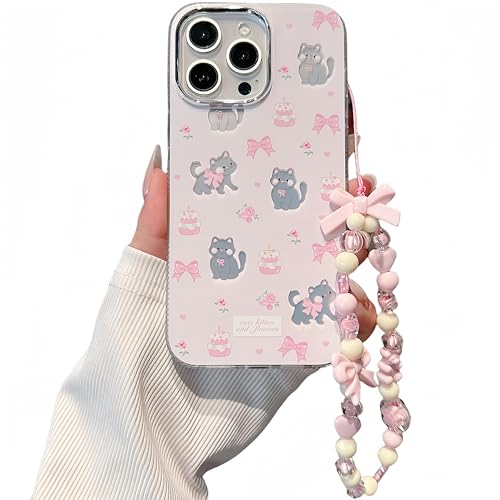 Pretaco Compatible with iPhone 15 Case, Cute Cartoon Kitty Pink Bow Cake Flower Pattern with Cute Pink Cat Bracelet White for Women and Girls