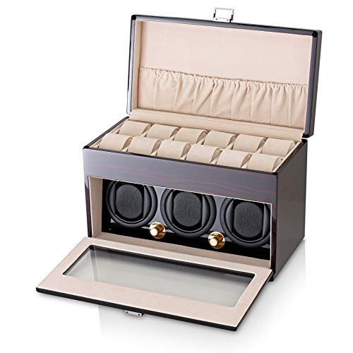 Watch Winder and Storage Box for Winding 3 Automatic Watches and 12 Watch Storage Space (Ebony + Beige)