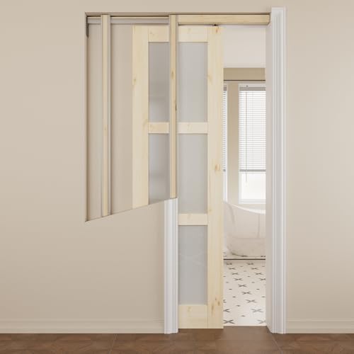JUJUBON Sliding Pocket Door Slab 24" x 80", 3 Panel Tempered Frosted Glass & Pine Wood Door Slab, Interior Sliding Door, Unfinished, No Hardware & Frame Included, Only Pre-Built Slab