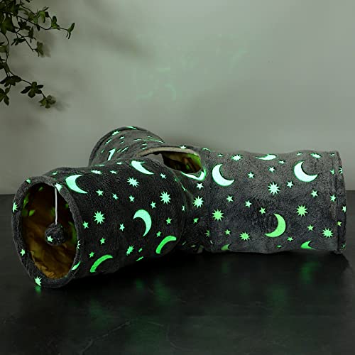 LUCKITTY Cat Tube Tunnel with Plush Ball Toys Collapsible Self-Luminous, for Cat Small Pets Bunny Rabbits, Kittens, Ferrets,Puppy and Dogs Grey Moon Star 3 Way