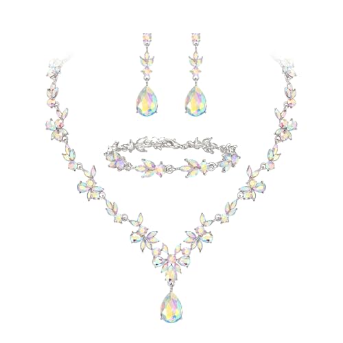 BriLove Wedding Jewelry Set for Women Bride, Y-Necklace Tennis Bracelet Dangle Earrings Set Crystal Teardrop Marquise Cluster Jewelry for Bridal Bridesmaid Iridescent AB Silver-Tone