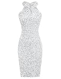 Women Halter Bodycon Pencil Dress Sparkly Glitter Sequin Dress Sleeveless Silver L