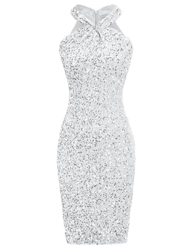 Women Halter Bodycon Pencil Dress Sparkly Glitter Sequin Dress Sleeveless Silver L