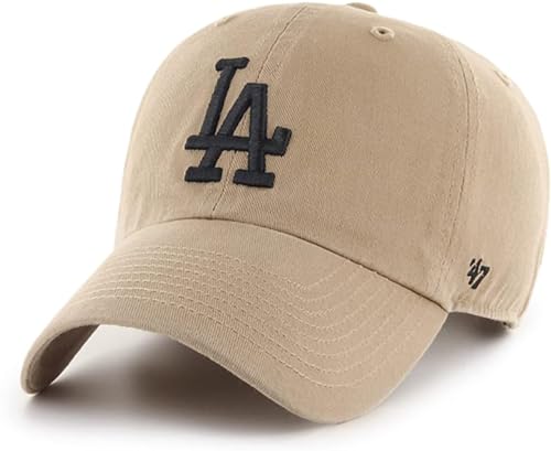 47 Brand MLB Khaki Primary Logo Clean Up Adjustable Strap Baseball Dad Hat Cap, Adult One Size Fits All - Los Angeles Dodgers - Khaki Black