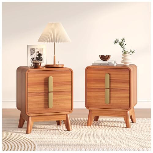 JOINICE Nightstand Set of 2, Mid Century Modern Bedside Table with 2 Drawers & Metal Handle, Curved Profile End Table with Storage & Solid Wood Feet for Bedroom, Cherry, 2PCS