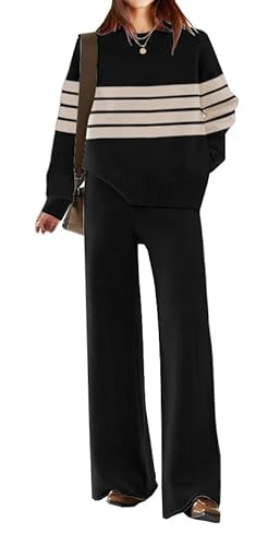 ETCYY NEW Womens Elegant Lounge Sets Knitted Sweatsuit Sets 2 Piece Outfits with Sweater Tops and Wide Leg Sweatpants