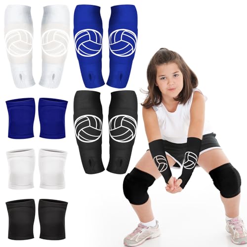 Sosation 3 Set Volleyball Arm Sleeves and Knee Pads for Kids Soft Forearm Sleeves with Protection Pad Thumbhole Volleyball Accessories for Training Youth Girls Boys 5-8 Years Old (Black, Blue, White)