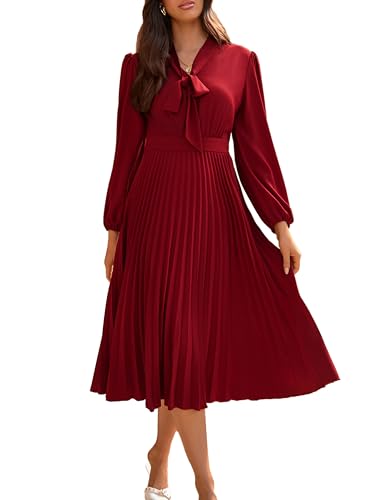 Women's Flowy Solid Color Lantern Sleeve Pleated V Neck Midi Dress Smocked Waist Bussiness Work Dress Wine Red