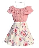 Cold Shoulder Crop Top Ruffle Layered Top Flower Girl Skirt Sets for Big Girl Dusty Pink 14 JKS 2130S