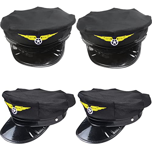 Aichiyu Captain Pilot Hat Airline Pilot Captain Aviator Airplane Navy Costume Hats Cap for Men Women, Pack of 4 (Black)