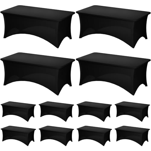 Fixwal 12 Pack Black Spandex Table Covers for 6 Foot Tables, Rectangular Fitted Stretch Table Cloth Rectangle Table for Wedding, Banquet, Party, Events