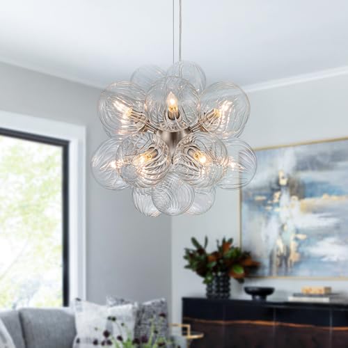 Y'INSP Bubble Chandelier Lighting Kitchen Island, 12-Light Brushed Nickel Bubble Ball Chandelier Twisted Glass Pendant Light for Dining Room Living Room Bedroom Bathroom Foyer