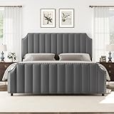 GarveeHome King Size Platform Bed Frame with 50.2" Headboard, Velvet Upholstered Bed Frame King with Vertical Channel Tufted Headboard & Footboard, Nailhead Trim, No Box Spring Needed, Grey