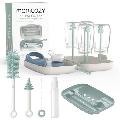 Momcozy Bottle Brush Set - Baby Bottle Cleaner Kit with Silicone Brush, Nipple Brush, Straw Brush, Soap Dispenser, Drying Rack - 7 in 1 Bottle Cleaning Tool for Home and Travel, Green