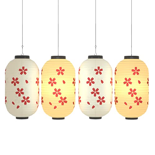 Traditional Japanese Style Beige White Silk Cherry Blossom Lantern 8 x 14 Inch, ZUEXT Set of 4 Waterproof Indoor Outdoor Festival Theme Birthday Party Home Yard Lanterns Japanese Eateries Decor