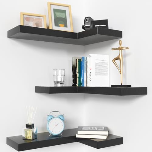 NATURE'S SOURCE Corner Floating Shelves with Invisible Brackets, Corner Shelves Wall Mounted Set of 3, Bedroom Bathroom Kitchen Living Room Office- Gothic Style 17" x 6" (Black)