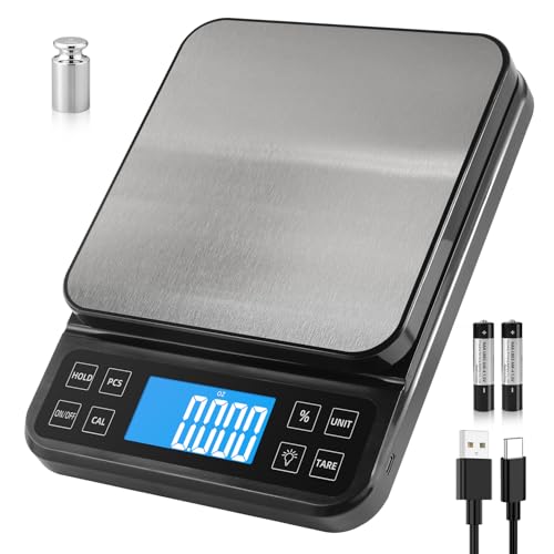 BOMATA Large Kitchen Scale with 0.1g/0.001oz High Precision, 5kg/11lb Bakery Scale with% Percentage Function, USB Rechargeable, Full-View Angle LCD with Backlight, Stainless Steel Pan