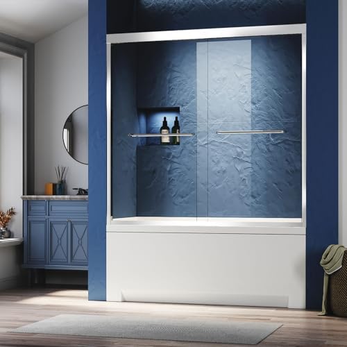 Fibetter Sliding Tub Shower Door 60" W x 57" H, Frameless Bathtub Doors 1/4"(6mm) Thick ClearTempered Glass-Door Chrome Finish
