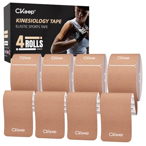 CKeep 4 Rolls Kinesiology Tape, Original Cotton Elastic Athletic Tape, 20 Precut 10" Strips Each, Beige, Ideal for Muscle Support & Injury Prevention