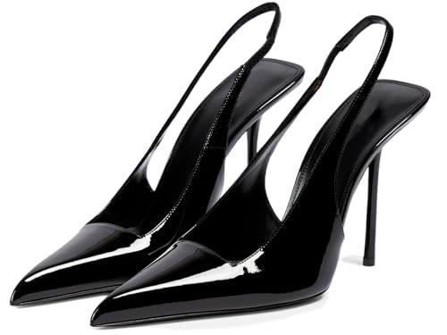 BIUBAKUA Slingback Heels for Women Pointed Toe Stiletto High Heels Stretch Slip on Backless Patent Leather Fashion Comfortable Dress Pumps Shoes Black