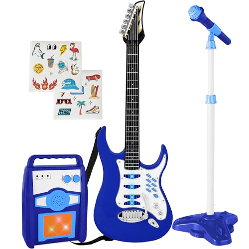 Best Choice Products Kids Electric Musical Guitar Play Set, Toy Guitar Starter Kit Bundle w/ 6 Demo Songs, Whammy Bar, Microphone, Amp, AUX, 2 Sticker Sheets - Blue