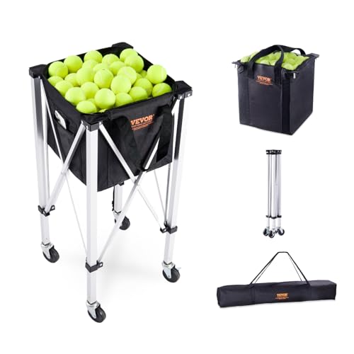 VEVOR Foldable Tennis Ball Hopper, Holds 150 Tennis Balls, Lightweight Aluminum Alloy Tennis Ball Basket Cart with Wheels, Removable Bag,Carry Bag, Portable Sports Teaching Cart for Tennis Player