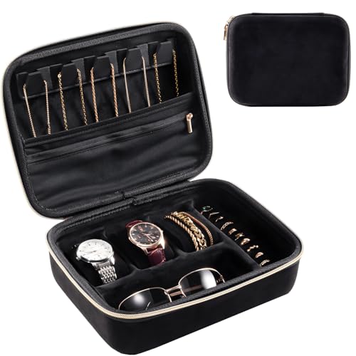 ProCase Mens Travel Jewelry Case, 3 Slots Watch Travel Case, Watch Accessories Carrying Case, Glasses Necklaces Rings Bracelets Zippered Organizer Bag for Men, Father's Day Gift -Black