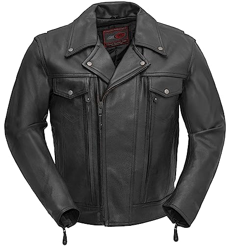 First Mfg Co - Mastermind - Men's Motorcycle Biker Riding Black Leather Jacket - 3X Large - Action Back Armor Pockets Gussets Thermal Liner Vented