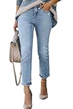 Lesore Womens High Waist Washed Raw Hem Mom Ripped Distressed Destroyed Straight Leg Cropped Jeans Denim Pants Pockets Blue 27