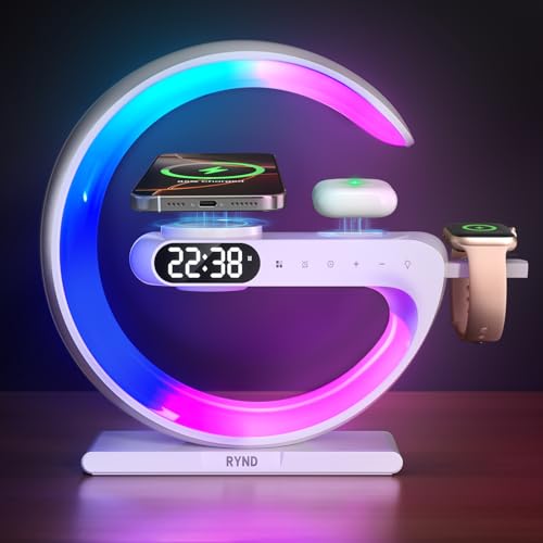 RYND 2025 Magnetic 5 in 1 Speaker Alarm Clock with Wireless Charger, Bedside Lamp with Adjustable Night Light, Gift for Family/Friends